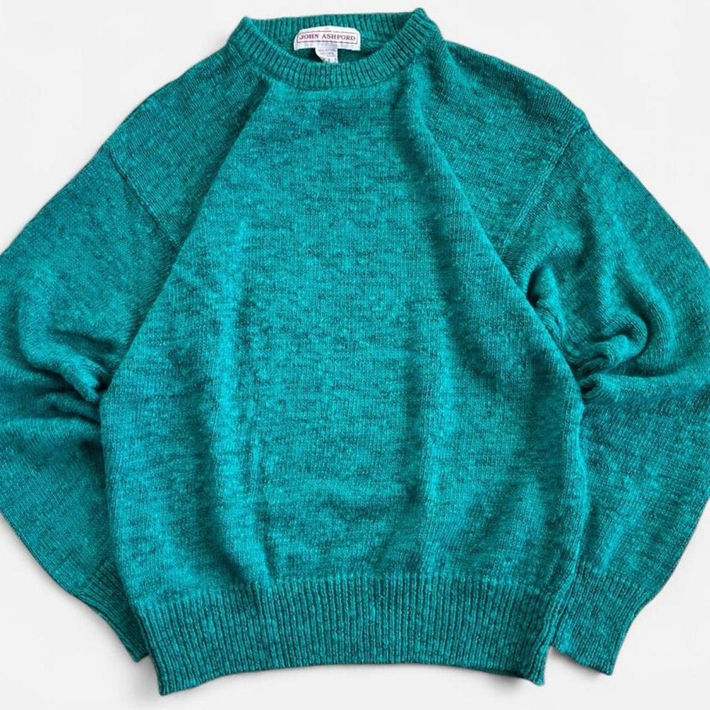 Vintage John Ashford Teal Cotton Linen Blend Knit Pullover Sweater
